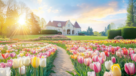 Pastel tulips bloom in order across a symmetrical landscape, leading to an elegant French estate in the backgroundの素材