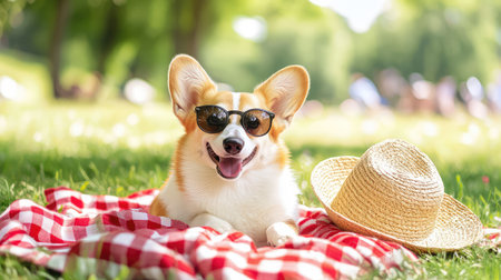 Fun-loving corgi lounges on a red-checkered blanket, straw hat tilted and sunglasses on, enjoying the sunny outdoorsの素材