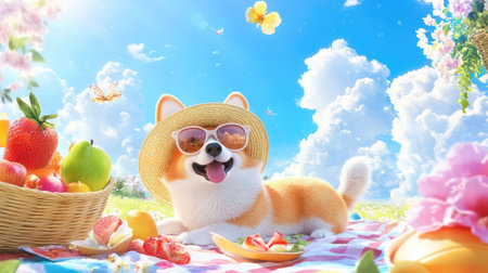 Cool corgi in beachy straw hat and sunglasses chills on a picnic blanket under a radiant sky, soaking up the funの素材