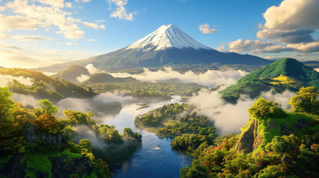 3D Mount Fuji rises majestically over rivers and valleys cloaked in mist, creating an ethereal natural settingの素材