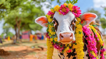 Decorated cow with intricate designs and floral garlands, symbolizing wealth and celebration for the Mattu Pongal festivalの素材