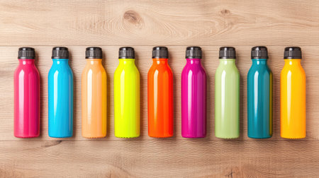 Portable bottles in bold hues arranged tallest to shortest on clean wood grain surfaceの素材