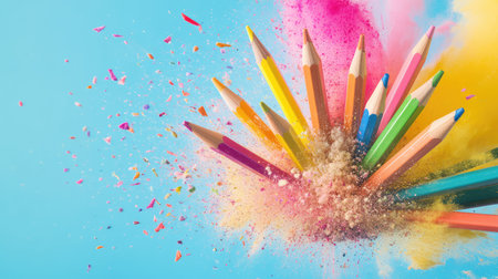 Burst of broken colored pencils and vivid powder explosion on blue backdrop, energetic and funの素材