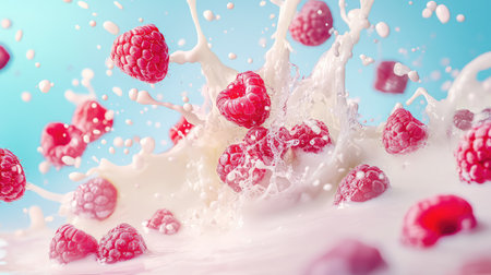 Dynamic milk splash with bright red raspberries suspended in air, set against a pastel blue backdrop with high clarityの素材