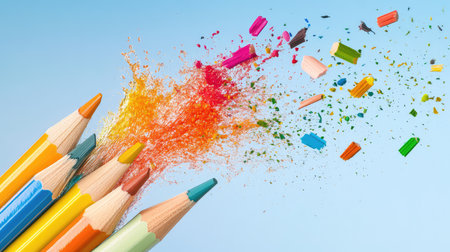 Colorful art pencils mid-splash with shavings and pigment suspended against blue backgroundの素材
