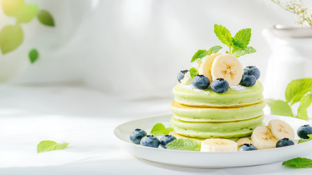 Artistic arrangement of green pancakes with blueberries, banana slices, and mint leaves, styled in soft morning light on a white settingの素材