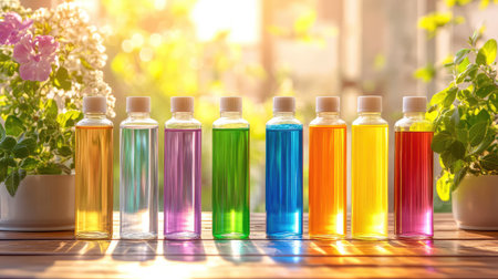 Bright travel bottles in rainbow colors arranged by height on a warm wooden table, glowing in natural lightの素材