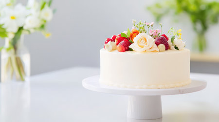 Beautiful vanilla cake with a glossy white finish, softly illuminated for a refined dessert scene with timeless appealの素材