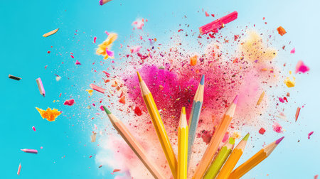 Colorful shavings and dust from broken pencils explode against blue, frozen in sharp detailの素材