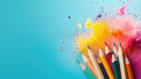 Dynamic creative concept with pencils exploding into color on deep blue backdropの素材