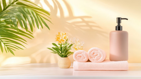 Chic dark soap dispenser paired with neatly rolled hand towels, styled with sunset shadowsの素材