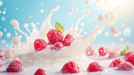 Lively splash of milk with raspberries in motion, styled for freshness and energy against a soft blue studio backdropの素材