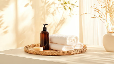 Minimalist spa setup featuring hand towels and dark soap bottle on woven tray in golden lightの素材