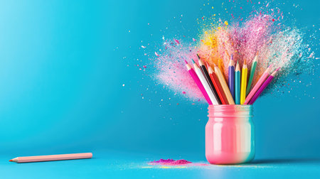 Dynamic creative concept with pencils exploding into color on deep blue backdropの素材