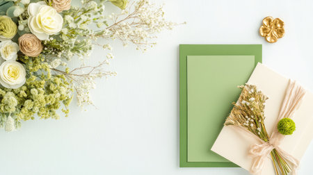 Coordinated green and gold paper goods styled with minimalist props for an elegant business conceptの素材