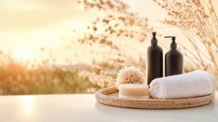 Modern dark-toned soap bottle on natural rattan tray with soft cotton towels and sunset ambianceの素材