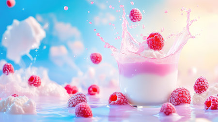 Milk and raspberry splash moment, suspended in time against a cool blue background with vibrant colors and textureの素材