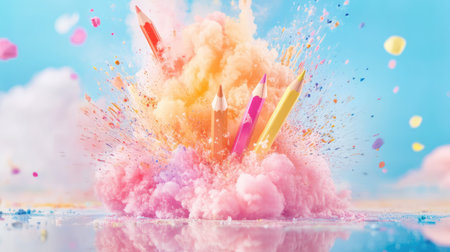High-speed capture of bright pencil explosion and pigment cloud on saturated blueの素材