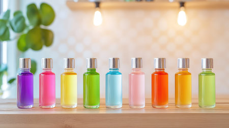 Vibrant travel-sized bottles organized by height on rustic wooden tabletop with soft lightingの素材