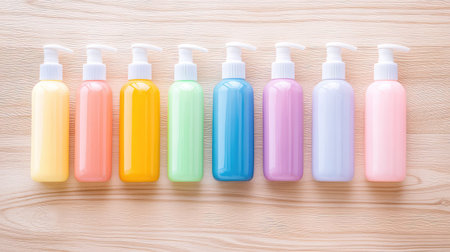 Skincare or toiletry bottles in playful color sequence set neatly on wood, ideal for packing themesの素材