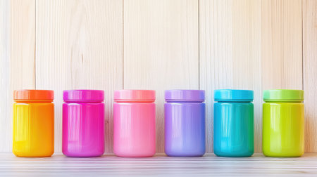 Rainbow-colored mini travel containers lined up neatly on wooden background, creating playful symmetryの素材