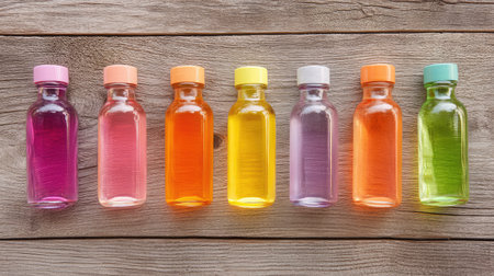 Small bottle collection in bright shades stacked by height across rustic wood grain, top-down viewの素材