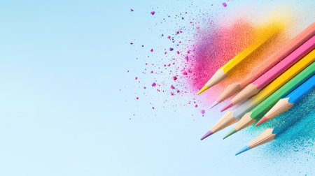 Pencil tips and rainbow dust explode midair on a cool blue background, symbolizing creativityの素材