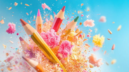 Colorful shavings and dust from broken pencils explode against blue, frozen in sharp detailの素材