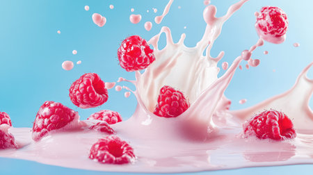 Milk and raspberry splash moment, suspended in time against a cool blue background with vibrant colors and textureの素材