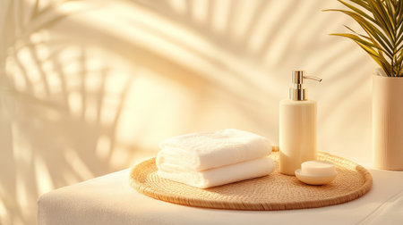 Minimalist setup of soap dispenser and hand towels styled with natural rattan and glowing evening lightの素材