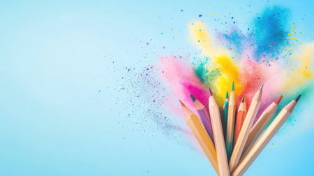 Pencil tips and rainbow dust explode midair on a cool blue background, symbolizing creativityの素材
