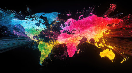 Digital globe projection with pulsing trade routes symbolizing economic interconnection and supply chainsの素材