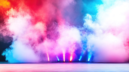 Concert stage filled with haze as intersecting red and blue lasers create a dramatic, pulsing atmosphereの素材