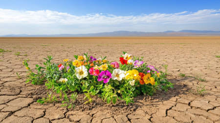 Dry, cracked desert ground transitions to a lush flower bed, symbolizing rebirth and the miracle of growthの素材