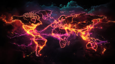 Digital map of the Earth with luminous paths bridging continents, symbolizing modern trade systems and logisticsの素材