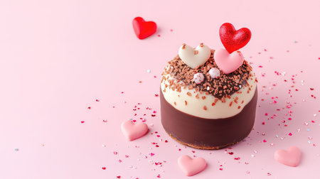 Cute Valentine design with a round chocolate base, decorative hearts, and a glimmering gradient effectの素材