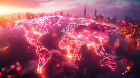 High-tech visualization of a world map with neon pathways linking major cities, symbolizing global commerce networksの素材
