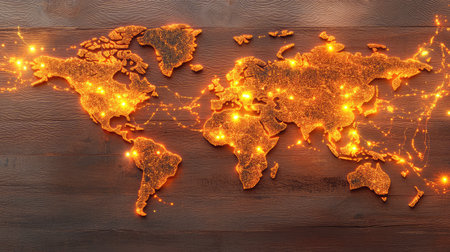 Futuristic visual of a world map with glowing trade lanes, showcasing international movement and economic linksの素材