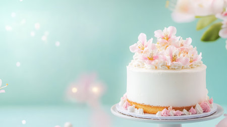 Classic vanilla cake with smooth white frosting and delicate details, placed on a clean background with soft ambient lightの素材