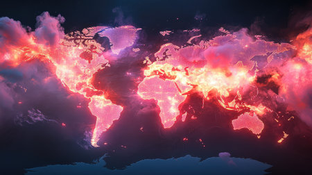 Futuristic map glowing with bright routes connecting global hubs, visualizing the complexity of world commerceの素材