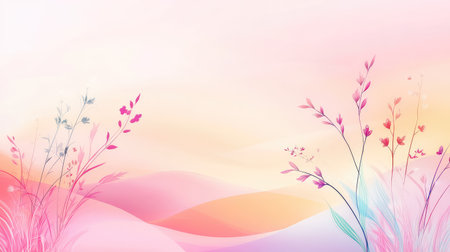 Abstract background with smooth grassy hills in pastel tones, featuring gentle floral details and light gradients for a tranquil lookの素材