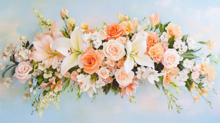 Blush-toned flower bouquet with hints of peach and white, including lilies and roses on pale blue backgroundの素材
