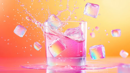 Dynamic splash of pink liquid with rainbow ice cubes in a transparent glass, bright orange background intensifies the energyの素材