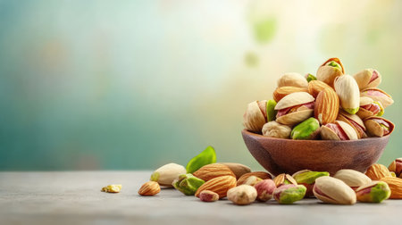Collection of raw nuts including pistachios, almonds, and walnuts, spread in natural layout with soft lightingの素材