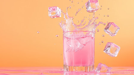 High-speed photo of pink drink splash with vivid ice cubes in midair, isolated against a clean orange backgroundの素材