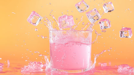 High-speed photo of pink drink splash with vivid ice cubes in midair, isolated against a clean orange backgroundの素材