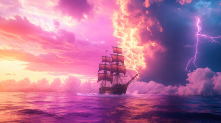 Ship mast rises defiantly through violent winds and lightning, storm-tossed ocean beneathの素材