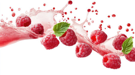 Isolated ripe raspberries with juice splash effect, frozen in mid-air for a dramatic, refreshing visual on white backdropの素材