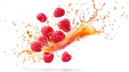 Isolated raspberry cluster with dynamic juice splash effect, against a white background, symbolizing natural energy and flavorの素材