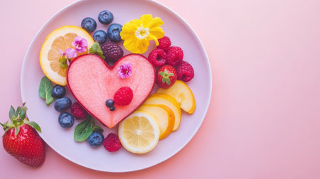 Fresh fruits and veggies arranged into a heart shape on a clean plate, symbolizing nutrition and love for wellnessの素材
